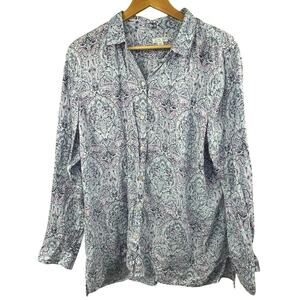 J Jill Love Linen Essential Shirt Sz XL Blue Purple Paisley Button Down Shirt